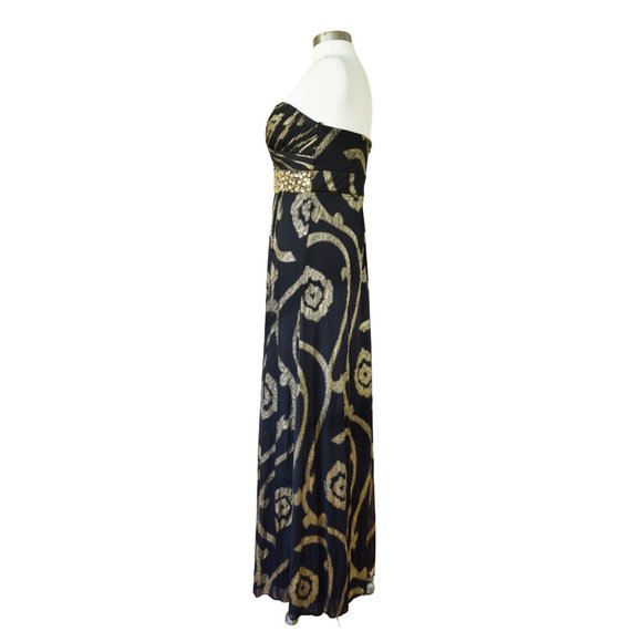 Betsy & Adam Black Metallic Gold Swirl Embellished Strapless Maxi Dress Gown - Picture 4 of 11